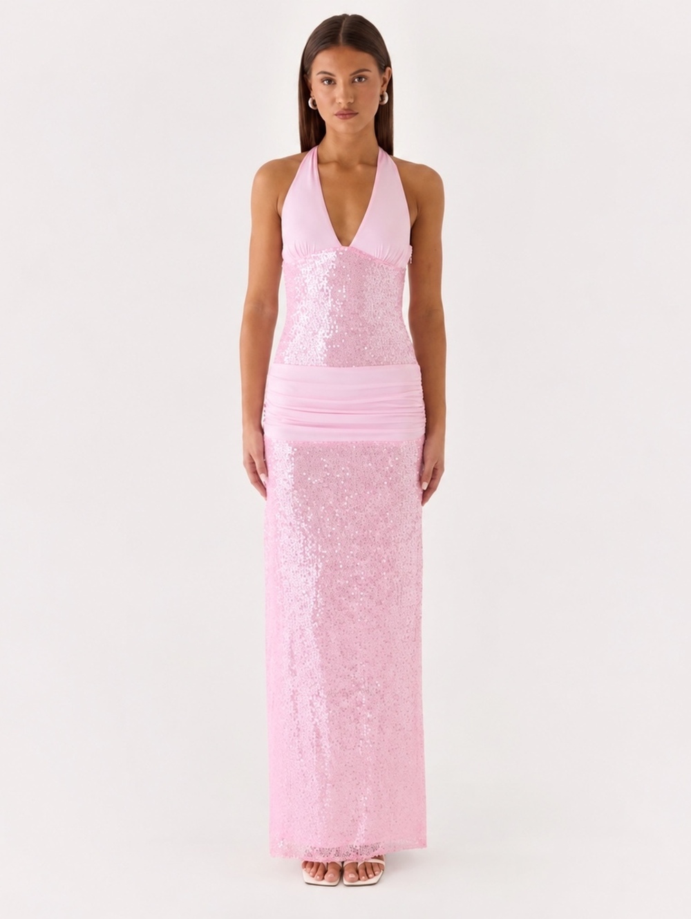 Peppermayo Alenya Sequin Halter Maxi Dress Pink Drop Waist Size 4 NWT